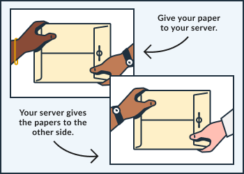 Illustration of giving papers to a server who then gives them to the other party