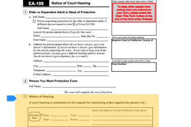 Highlight of Form EA-109 showing Notice of Hearing