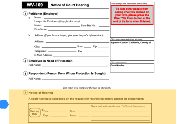 Highlight of Form WV-109 showing Notice of Hearing