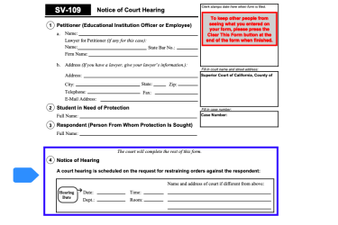 Highlight of Form SV-109 showing Notice of Hearing details