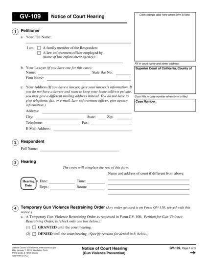 View GV-109 Notice of Court Hearing (Gun Violence Prevention) form