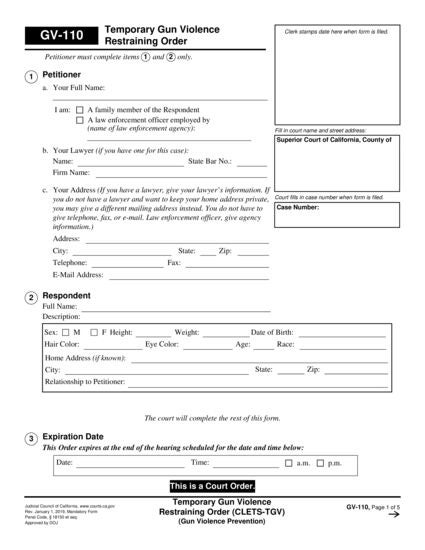 View GV-110 Temporary Gun Violence Restraining Order (CLETS-TGV) form